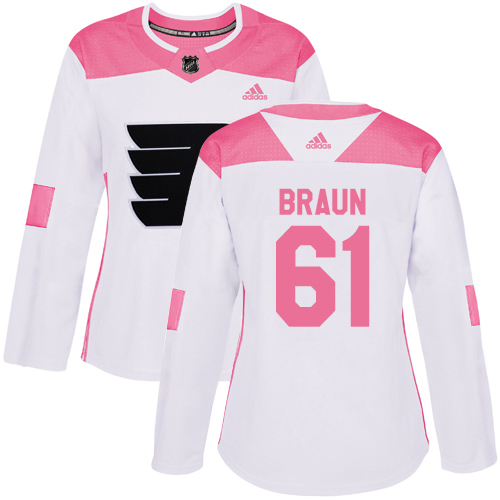 Adidas Flyers #61 Justin Braun White/Pink Authentic Fashion Women's Stitched NHL Jersey